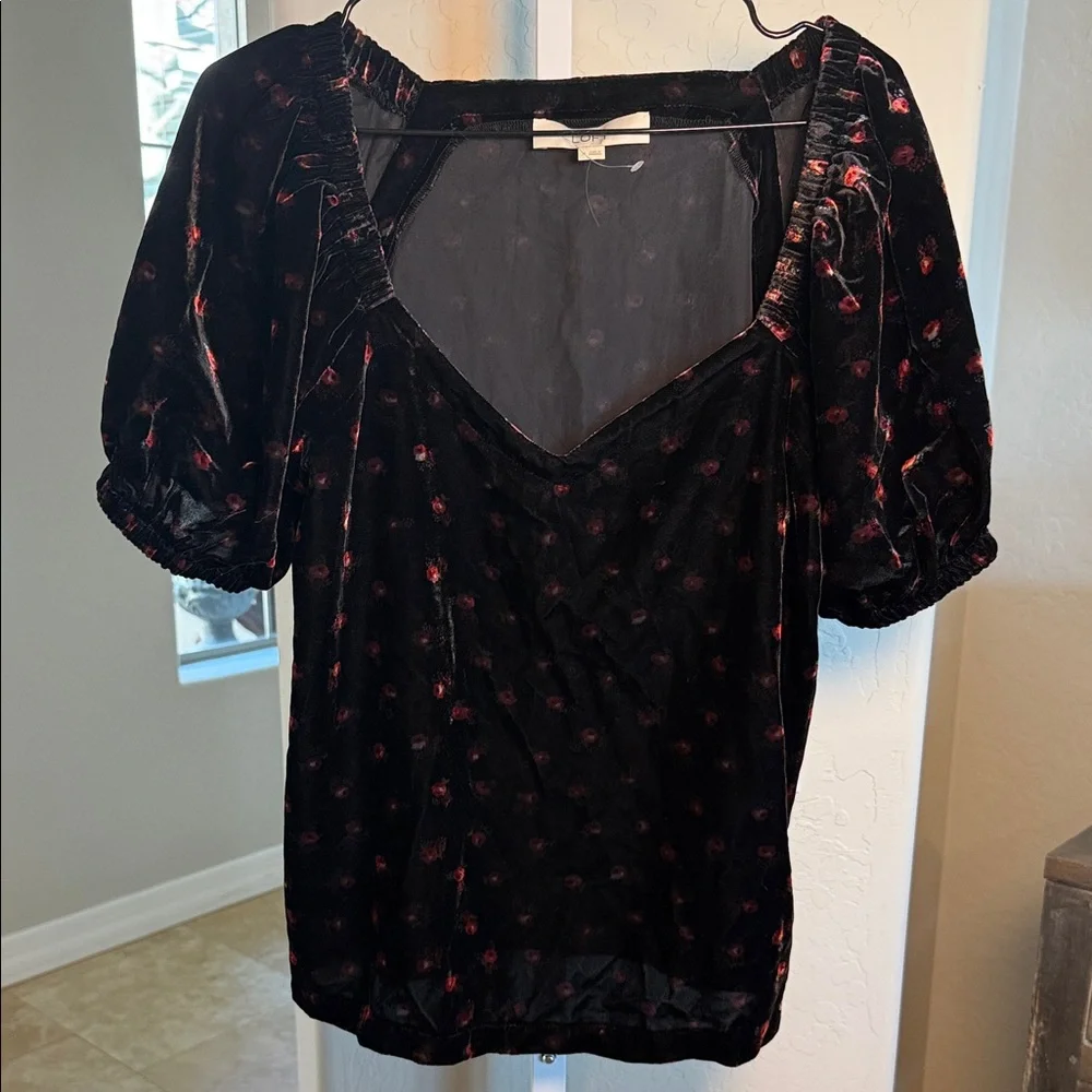LOFT Black Velvet with small red roses and capped sleeves. NWOT